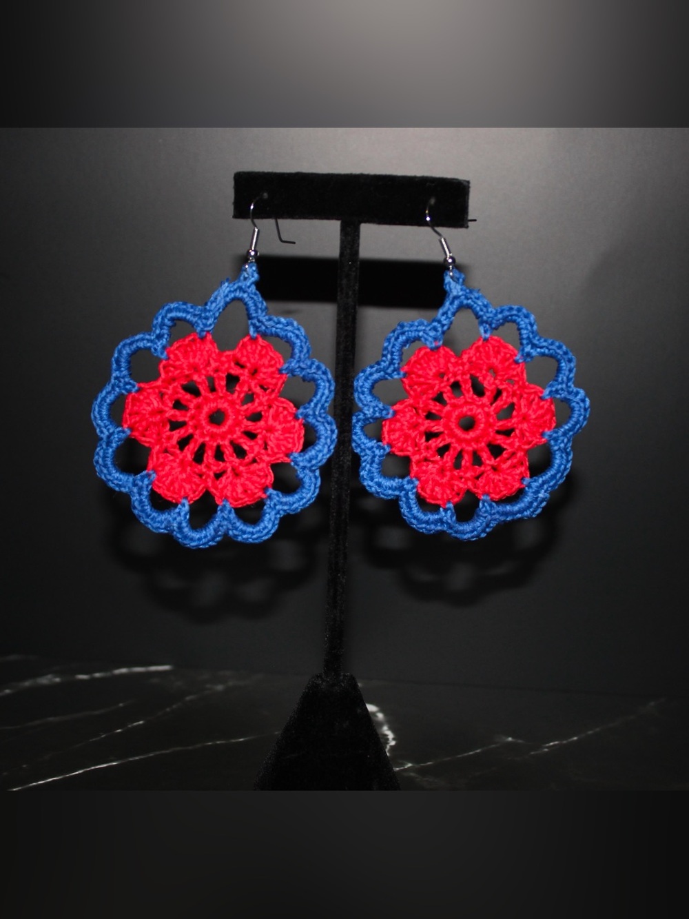 Handmade Blue and Red Crochet Flower Drop Earrings